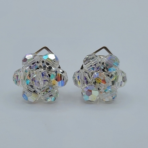 Vintage Crystal Aurora Borealis Clip Earrings Made In Italy #1209 - Picture 1 of 15